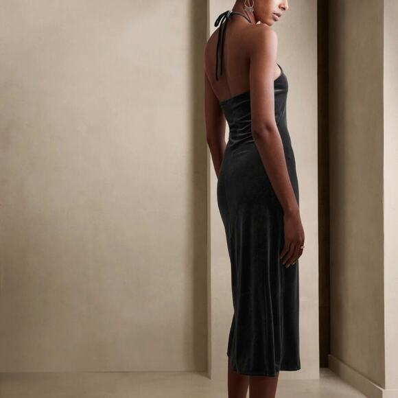 NWT Banana Republic Velvet Midi Slit Halter Dress in Orca Gray Size Large - Picture 2 of 10